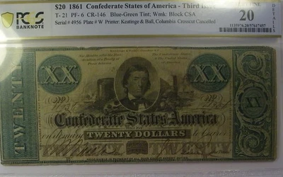 T-21 PF-6 1861 $20 Confederate Civil War Paper Money- PCGS Very Fine 20 - Image 1 of 2