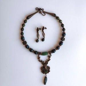 New Hand crafted Necklace earrings Bohemian ethnic Jade Agate natural bronze - Picture 1 of 12