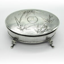 Chinese Export Silver Oval Box Bamboo Designs Hammered Finish