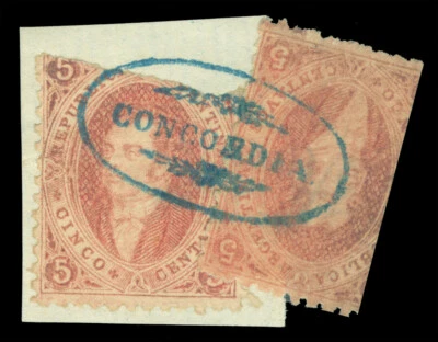 ARGENTINA 1865 RIVADAVIA - clear print-  5c brn rose Sc# 11 "CONCORDIA" on piece - Image 1 of 2