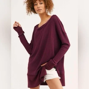 Free People We The Free North Shore Purple Burgundy Thermal waffle knit XS g1 - Picture 1 of 6