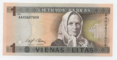 Lithuania 1 Lita 1994 Pick 53.a UNC Uncirculated Banknote Serial AAH - Image 1 of 2