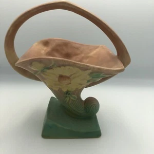 Roseville Peony Pink #377-8 Cornucopia Basket Vtg 1940's Matte Finish Green - Picture 1 of 14