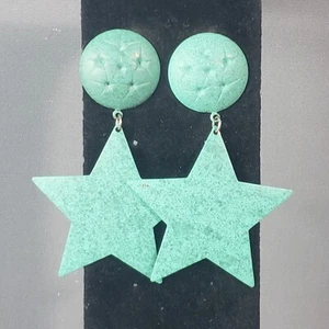Dangle Star Earrings Green Patina Retro Mid Century Modernist Boho Pierce 3" - Picture 1 of 9