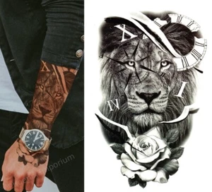Temporary Tattoo Lion & Rose Sleeve Fake Body Art Sticker Waterproof Mens - Picture 1 of 5