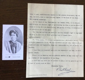 29 de enero 1914 EMMELINE PANKHURST SUFRAGISTA CARTA Y FOTO PEQUEÑA REPRODUCCIÓN - Imagen 1 de 14