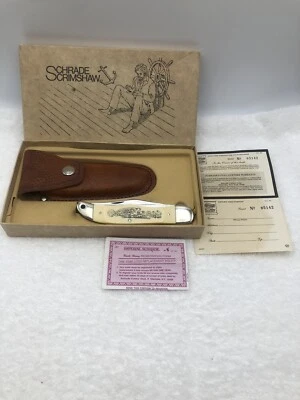 Cazador de 2 hojas Schrade Scrimshaw (Eagle/Mayflower) 261SC de colección nuevo en caja hecho en EE. UU. Foto 1 de 4