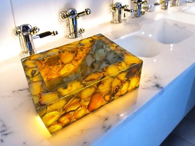 Yellow Agate Stone Wash Basin Handmade Luxury Countertop Vanity Kitchen Sink Dec - Image 1 of 4
