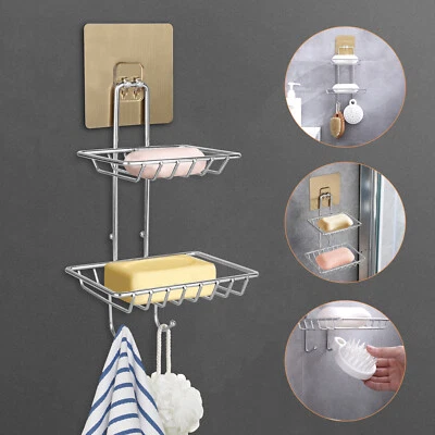 Bathroom Double Tier Soap Dish Holder Wall Mounted Stainless Steel With Hook - Image 1 of 4
