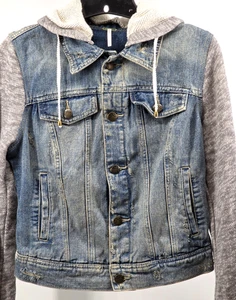 Free People Jeans XS Used Jacke Knopfleiste Strickärmel abnehmbare Kapuze - Bild 1 von 16