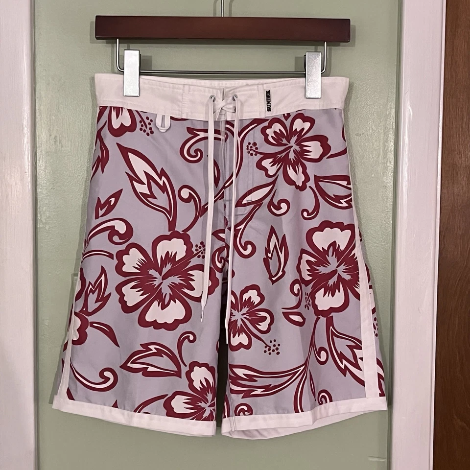 Sundek Men’s XS Gray White Red SK23 Floral Hibiscus Swim Trunks Board Shorts - Image 1 of 4