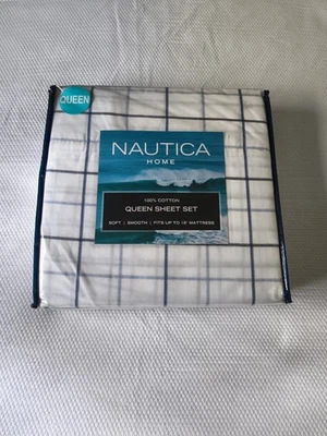 Nautica Plaid Blue & White Queen Sheet Set 100% Cotton. - Image 1 of 2