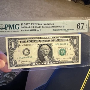 2017 Federal Reserve Note SanFranscio 1 Dollar Bill Repeater Serial Number - Picture 1 of 2