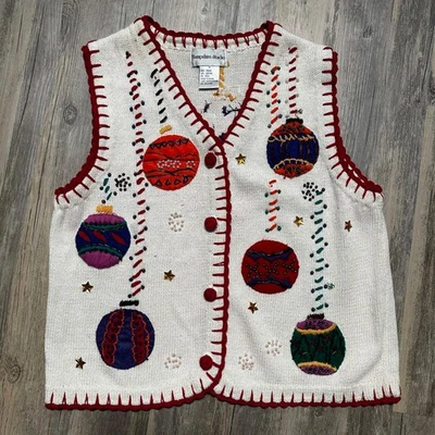 Christmas Sweater Vest Hampshire Studio Size Medium Button Up Ornaments Holiday - Image 1 of 4