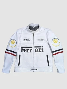 Ferrari White Racing Leather Jacket World Champion Jacket Real Cow Leather - Picture 1 of 5