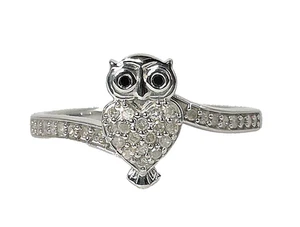 White and Black Diamond Owl Ring Size 8 Platinum Over Sterling Silver (0.25ctw.) - Picture 1 of 12
