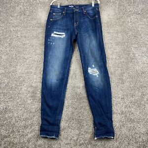 Mossimo Denim Boyfriend Jeans Women's 4/27 Blue Frayed Hem Mid Rise Dark Wash