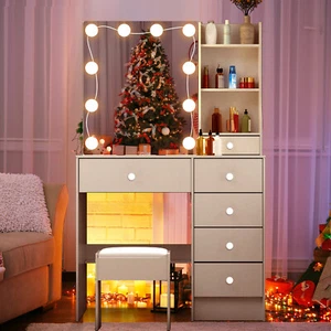 Makeup Vanity Desk With Full-Length Mirror And Lighted Mirror Large Vanity Table - Picture 1 of 14