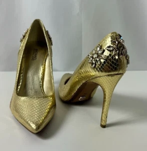 Michael Kors Gold Jeweled Pumps Heels Snakeskin Leather Rhinestone Bling 6M - Picture 1 of 13