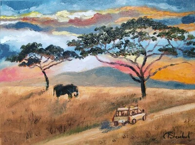Pintura al óleo original África elefante paisaje Tanzania arte pintado a mano 16x12 Foto 1 de 4