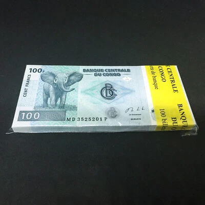 CONGO D.R. 100 Francs X 100 PCS 2013 P-98 ELEPHANT Bundle UNC Uncirculated - Image 1 of 3