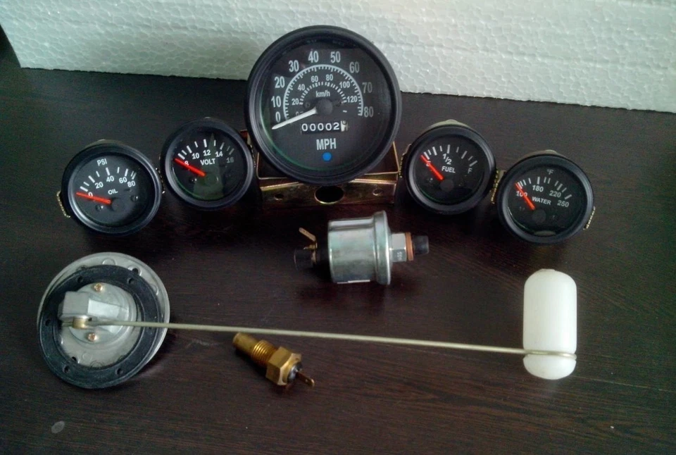 Gauges Kit- 85 mm Speedometer+ 52 mm (Elec Temp +Oil +Fuel+ Volt )+ Senders Blk - Image 1 of 4