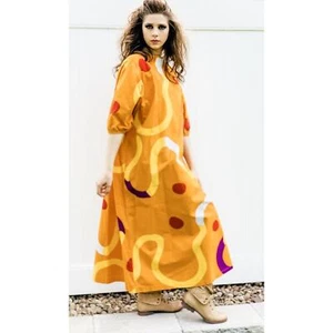 Vintage Marimekko Gown ”Mutka” Pentti Rinta 1975 O/S Cotton Gold Purple Dress - Picture 1 of 11