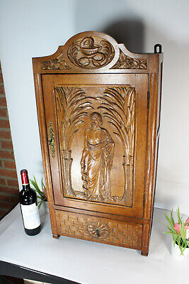 RAre Antique French Asclepius God Medicine Wall Cabinet Pharmacy Wood Carved • 2712.50£