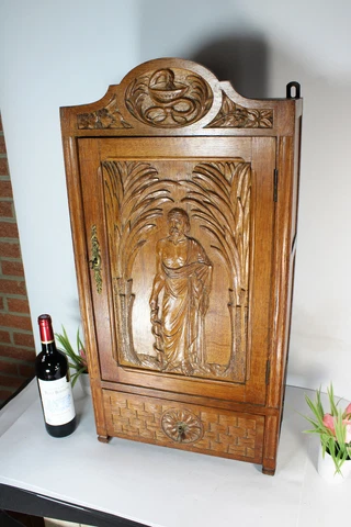 RAre antique French Asclepius god medicine wall cabinet pharmacy wood carved Cover