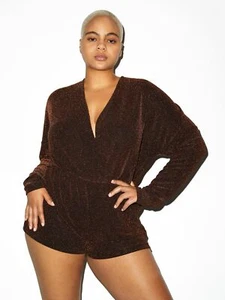 American Apparel Metallic Knit Long Sleeve Cross Front Romper- Copper, Large - Picture 1 of 6