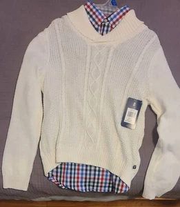 Boys Izod Ivory White Sweater & Plaid Shirt Set Size 10-12 - Picture 1 of 6