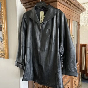 romans women’s 20 W Black leather coat NWT pit-pit 25” Deep Pockets Length 31” - Picture 1 of 8
