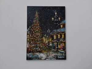 Christmas Festive Painting. Snowy Winter streets decorated garlands holiday art - Picture 1 of 10