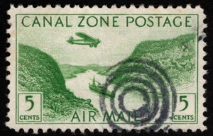 Canal Zone Stamp Scott # C7 Used F-VF 5 Cents Yellow Green Gaillard Cut Airmail - Picture 1 of 1