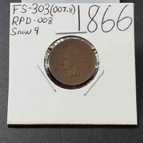1866 P 1c Copper Nickel Indian Small Cent Penny Coin FS-303 VG Variety Cover