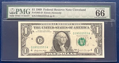 1969 One Dollar Federal Reserve Note $1 PMG GEM UNC 66 EPQ #77815 - Image 1 of 2
