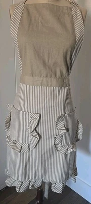 Delantal TX Delantal de lona con volantes a rayas blanco y tostado bolsillos Foto 1 de 4