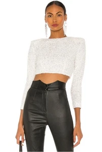 Retrofete XI Crop Top Sequins Size L In White Padded Shoulder - Picture 1 of 12