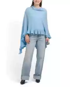 NWT ALASHAN 100% Cashmere Ruffle Edge Light Blue Topper One Size - Picture 1 of 18