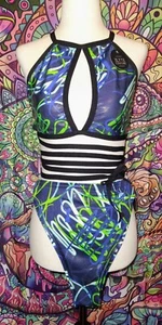 NWT Lyte Couture Blue,Green And White Sleeved Snakeskin Textured Rave Set ~ Sz M - Picture 1 of 5