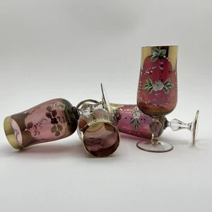 Vintage Set Of 4 Cups Bohemian Crystal Glasses Flowers Drawn Art Deco Red Enamel - Picture 1 of 19