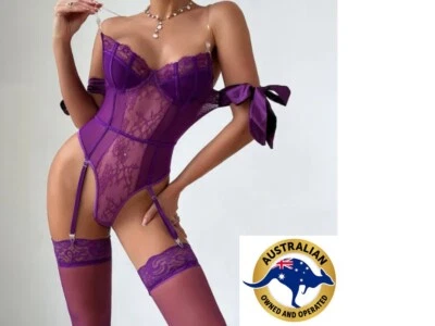 Sexy Body de Encaje Ver a Través de Hombro Abierto Top Liguero Tanga Solo Abanico Foto 1 de 4