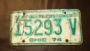 Vintage Ohio OH License Plate 1974 SEAT BELTS FASTENED? Green White - Picture 1 of 2
