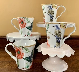 Lot Of 4 222 Fifth AMBRI Porcelain 4” Mugs: Birds • Butterflies 🦋 Flowers - Picture 1 of 12
