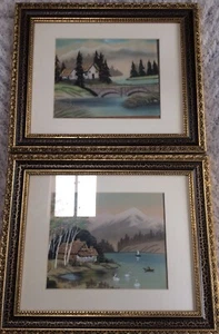 Vintage Set/2 asiatische Aquarelle auf Seide orientalische Malerei Goldstickerei Landschaft - Bild 1 von 12