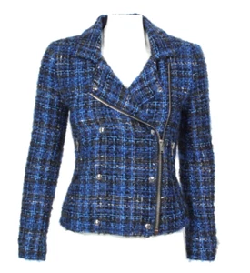 IRO Skye Tweed Boucle Mohair Blend Knit Moto Blazer Jacket Blue Black 36 /851 - Picture 1 of 6