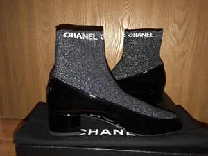 NIB CHANEL 17B Patent & Fabric Sock Short Boot Low Block Heel Bootie 40 - Picture 1 of 10