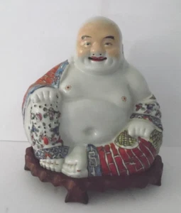 Antique Chinese Famille Rose Porcelain Happy Buddha Statue W/Pedestal - Marked - Picture 1 of 16