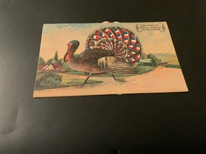Patriotic Mechanical Running Turkey ~ Directions - Unposted Antique Postcard - Picture 1 of 2