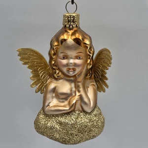 Adorno de ángel vintage vidrio soplado brillo alas de lámina de oro Alemania - Imagen 1 de 4
